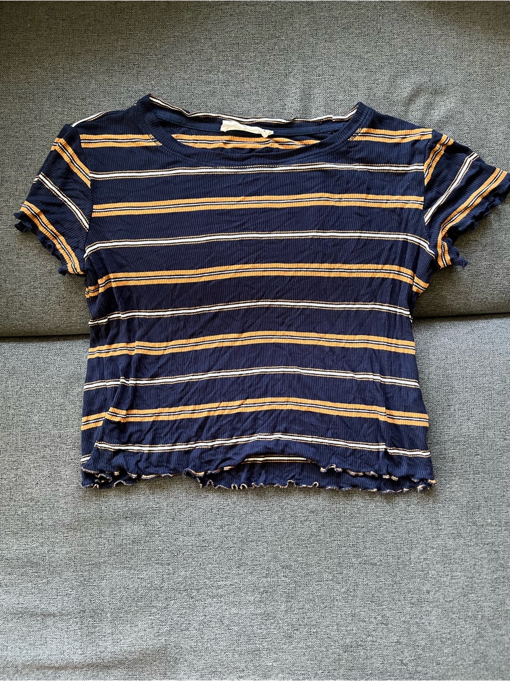 Hippie Rose Striped Ribbed Baby Tee Lettuce Edge Navy Orange Women Size M